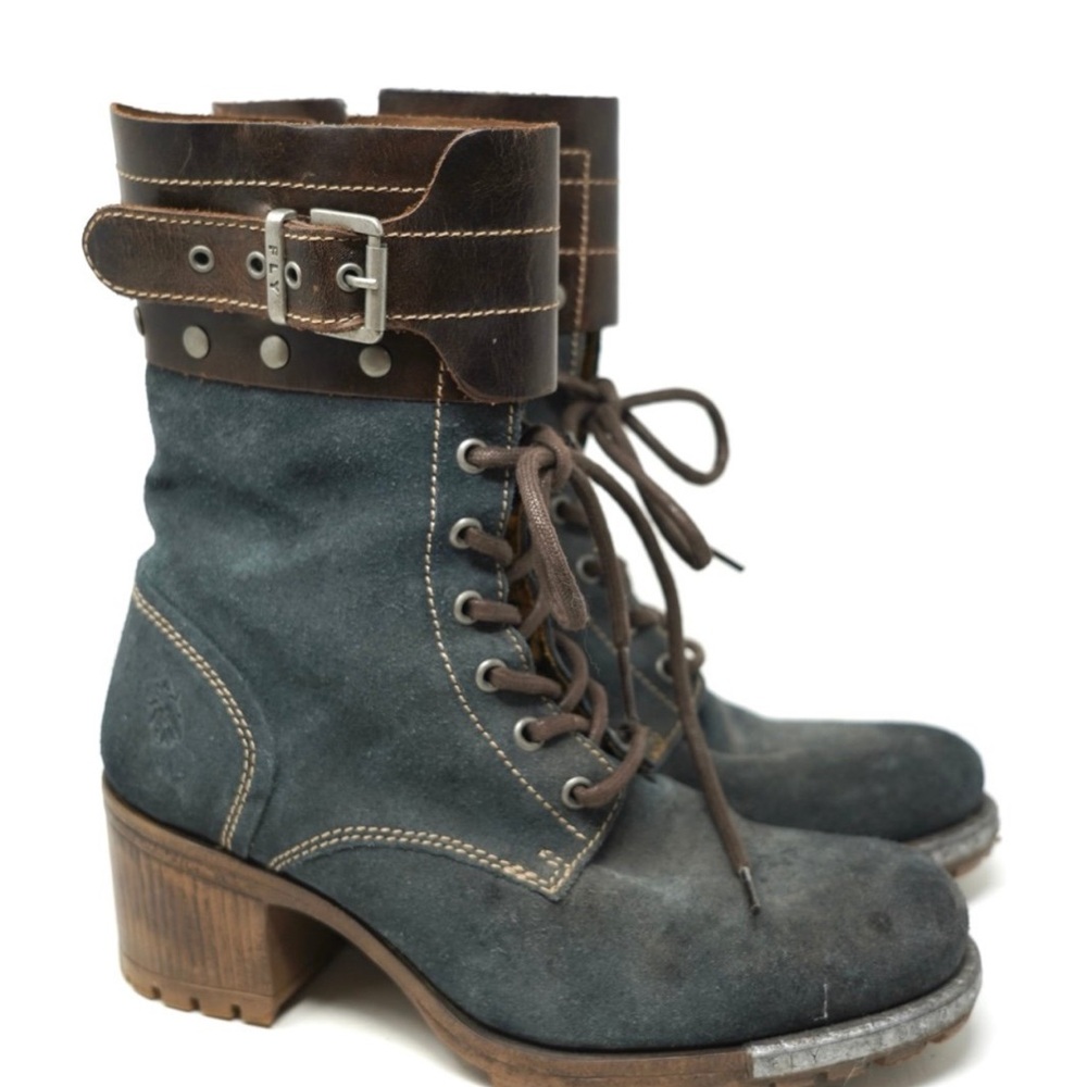 Stylish Blue Leather Ankle Boots. Fly London Lask harness boots suede lace up.
